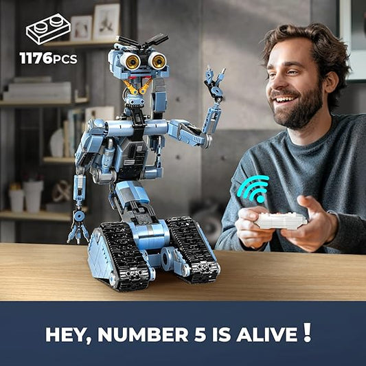 1176 Pieces Johnny 5 Robot Building Set with Remote Control, Short Movie Building Blocks Toy, Compatible for Lego Adults, Rechargeable Technic Robotics Figure Model Kit, Gift for Father's Day