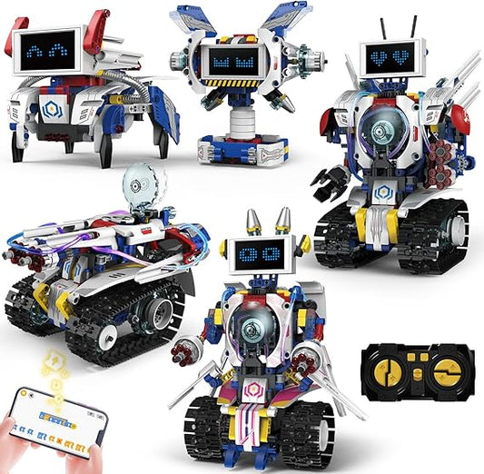 5-in-1 STEM Robot Building Kit for Kids Ages 8-16, Remote & App Controlled, Rechargeable Engineering Learning DIY Coding Toy, Educational Building Blocks Gift for Girls & Boys (603 PCS)